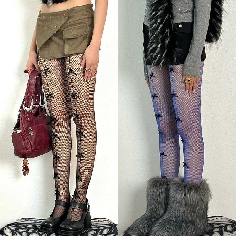 Lolita Bow Tie Stocking Women Japanese JK Fishnet Mesh Sexy Hollow Out Tights Y2K Knitted Patterned Pantyhose 2025 R251030