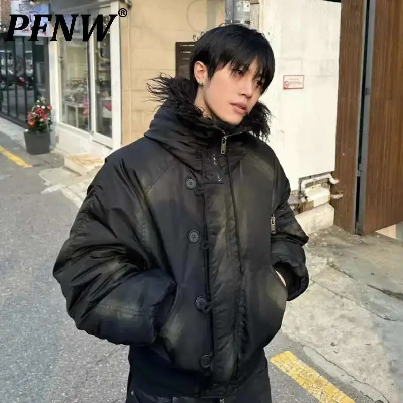 PFNW Winter Oversized Black Cottonpadded Coat Mens Trend Tiedye Print Fur Collar Zipper Hooded Quilted Padded Jackets 251028