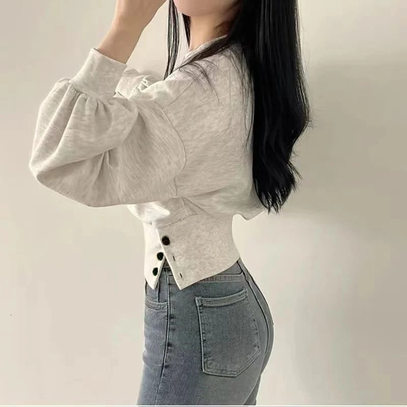 Autumn Women Solid ONeck Slim Crop Top Lantern Sleeve With Button Sweat Casual HipHop Sporty Pullover Sweet Chic Street Wear 251030