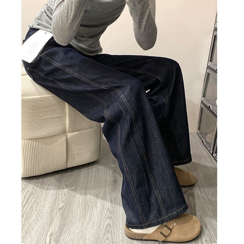 Designer luxury Original Color Wide-Leg Jeans for Women, Autumn and Winter Fleece-Lined High-Waisted Loose Lazy Style Dark Blue Straight-Leg Floor-Len