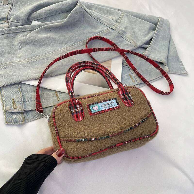 Plaid Handbag For Women Autumn Winter Simple Lamb Wool One Shoulder Bag Temperament Versatile Mini Crossbody Bags Trend