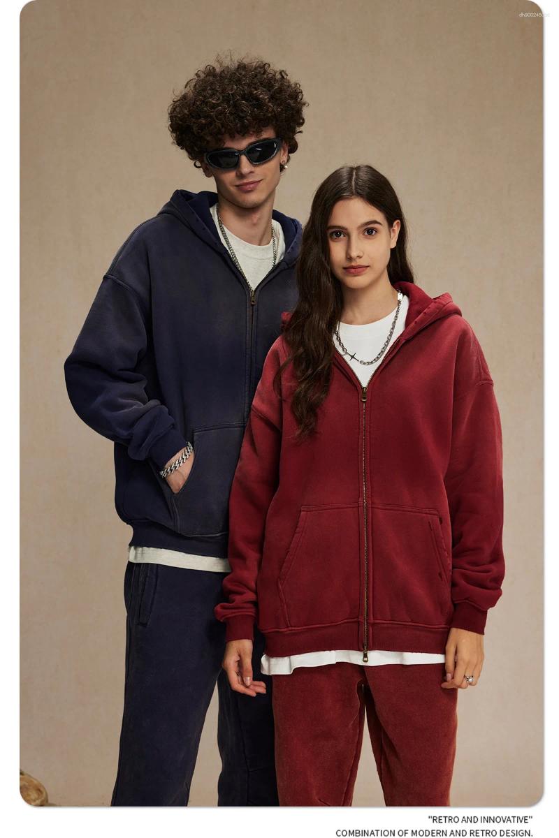 Men's Tracksuits Mens Fleece Lined Zipper Hoodies Oversized Set High Street Washed Wax Dye Jogger Uniform Retro Trousers Suit Casual Tapered