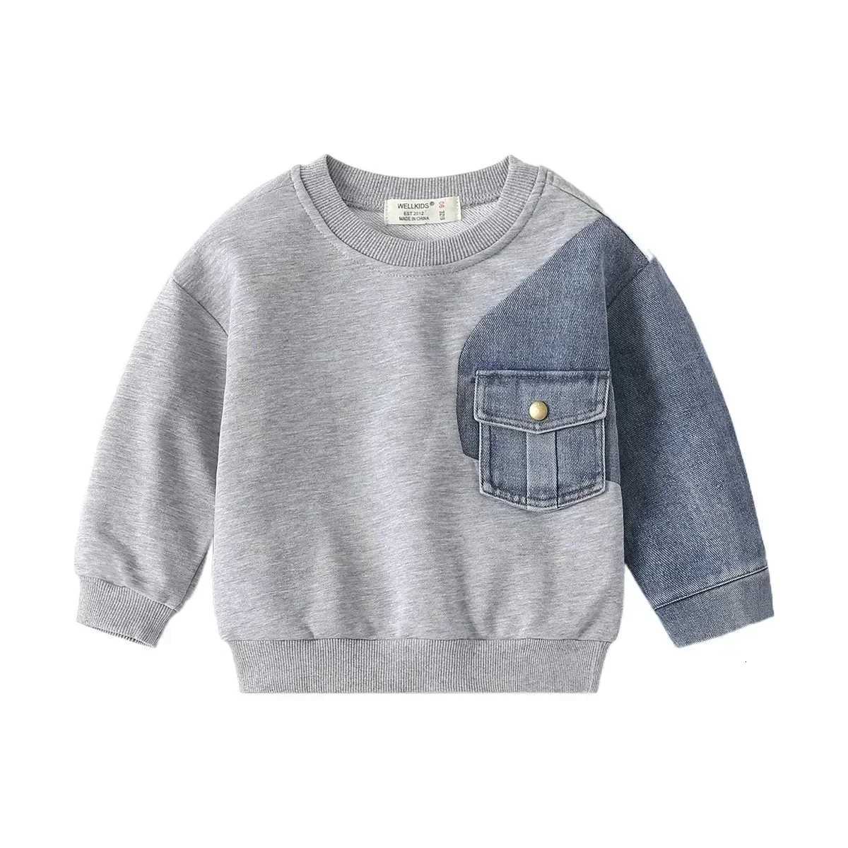 Boys Denim Sweatshirt Kids Stitching Sleeved Loose Sweater 2025 Spring Autumn Childrens Street Style Casual Hoodies ClothesT251030