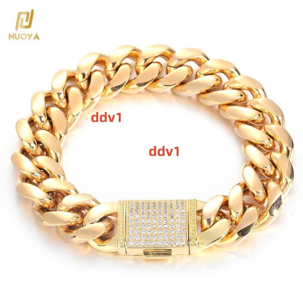 NUOYA Hip Hop Jewelry 18mm Stainless Steel Curb Cuban Link Chain Brass moissanite Clasp 18k Gold Plated Miami Cuban Link Bracelet Designer's styl