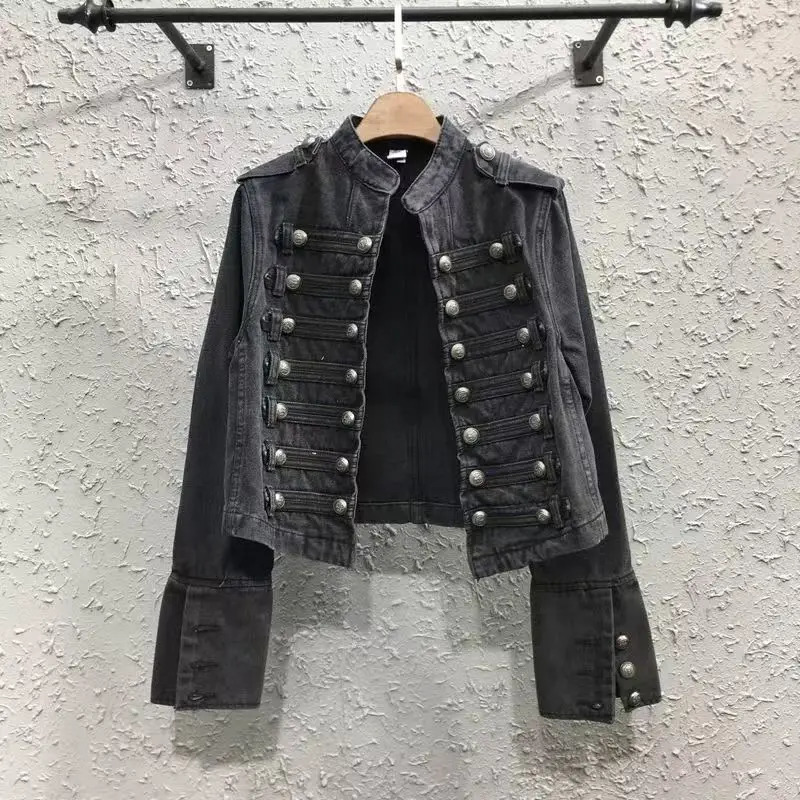 Heavy Industry Punk Motorcycle Style MultiButton Denim Jacket American Fashion Stand Collar Autumn And Winter Women Denim Coats 251029