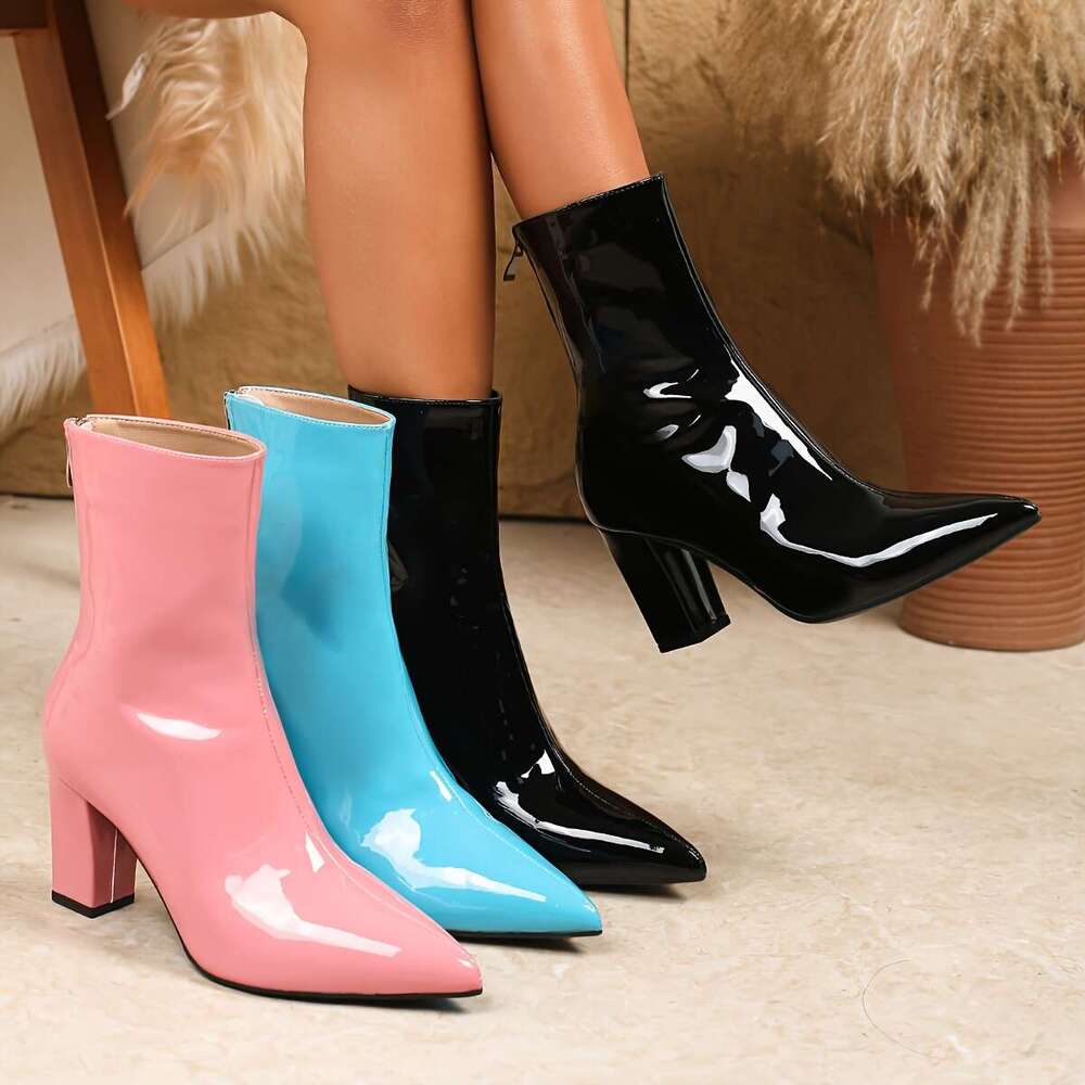 Women's Chunky Block Heel Boots Pointed Toe, Slip-Resistant TPU Sole, Winter Party & Formal Shoes Pink/Blue/Black Easy-Clean Synthetic Cover - Al