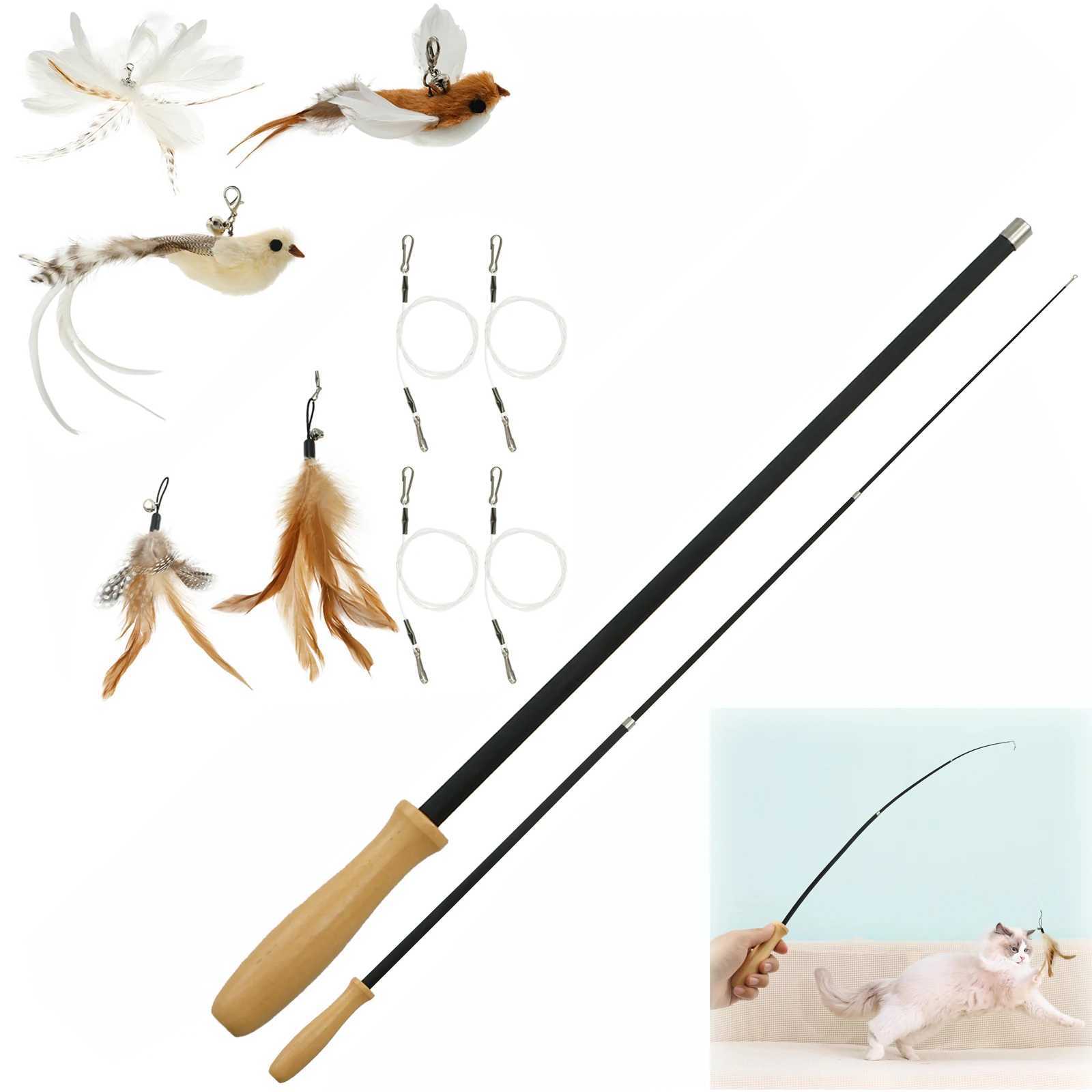 Cat Teaser Wand Toys Interactive Cat Feather Toy with 2 Birds and 3 Feather Refills Retractable Pole for Pet Lovers S251029{category}