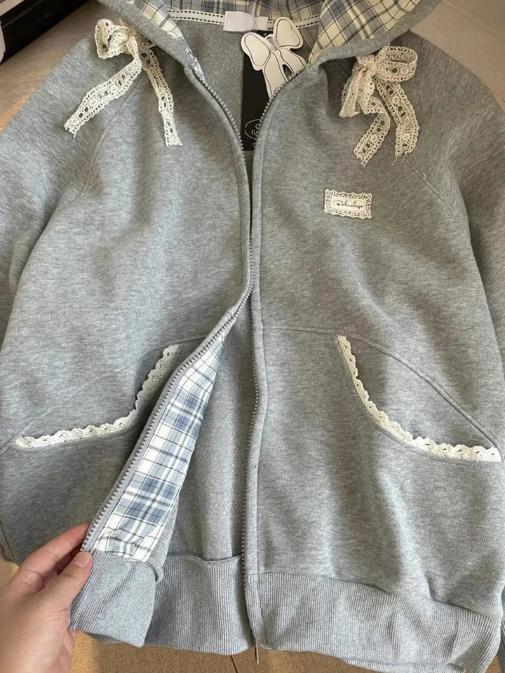 Zoki Lace Patchwork Hoodies Women Cute Bow Long Sleeve Sweatshirt Japan Preppy Style Sweet Loose Long Sleeve Female Gray Outwear 251030