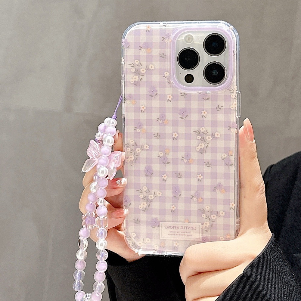 Plaid Small Floral Phone Case Compatible with iPhone 17 Pro/16 Pro Simple Bracelet 15/14 Full Coverage