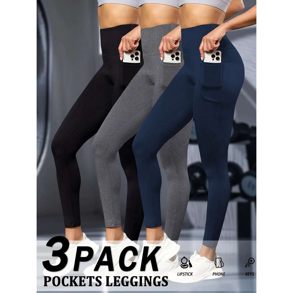 3 Pack Women's High Waisted Tummy Control Leggings with Pockets - Super Soft Stretchy Yoga Running Pants, Solid Black All-Season hine Washable, W