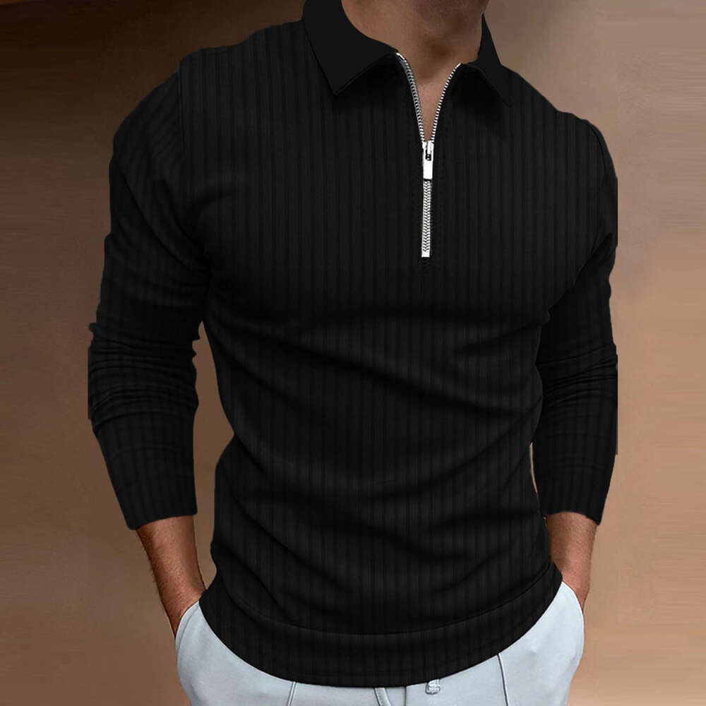 Men's Autumn Sports Fitness Casual Stand Collar Stretch Vertical Stripe Long Sleeve Zipper Polo Shirt