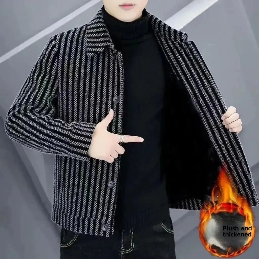 HighEnd Versatile Mens Warm Coat Thick Autumn Winter Turndown Collar Stripe Woolen Outerwear Jacket 251029