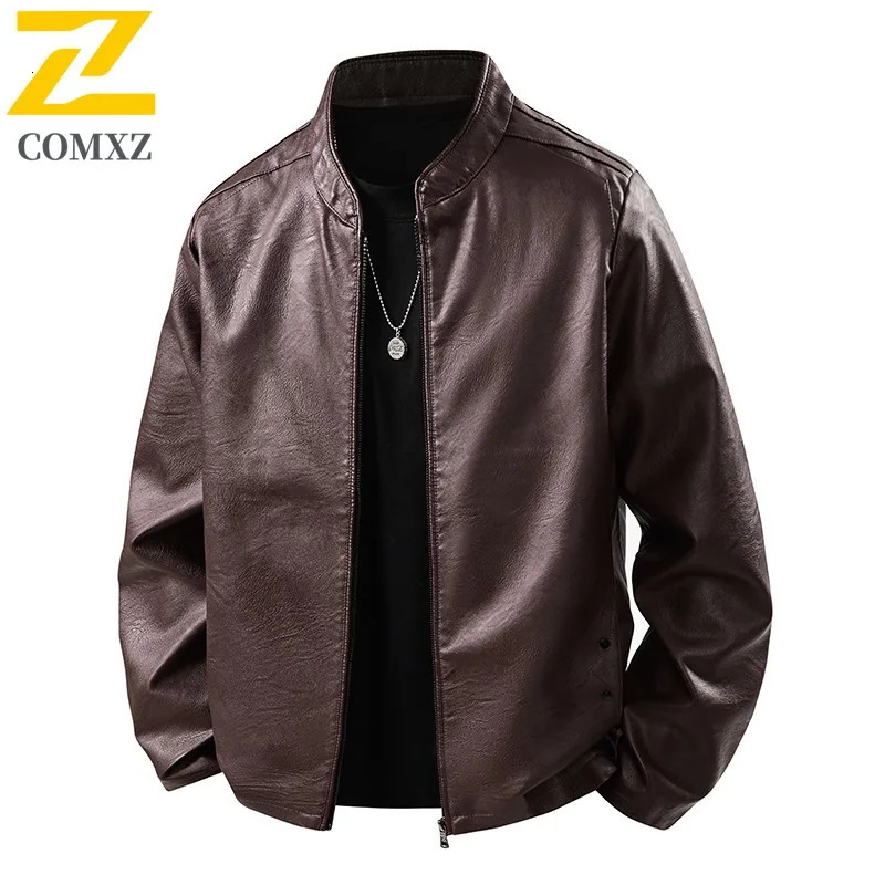 COMXZ Outdoor Sport Leather Jacket Youth Winter Waterproof Windproof Slim Men Coat Solid Color Motorcycle Stand Collar PU Top 251023
