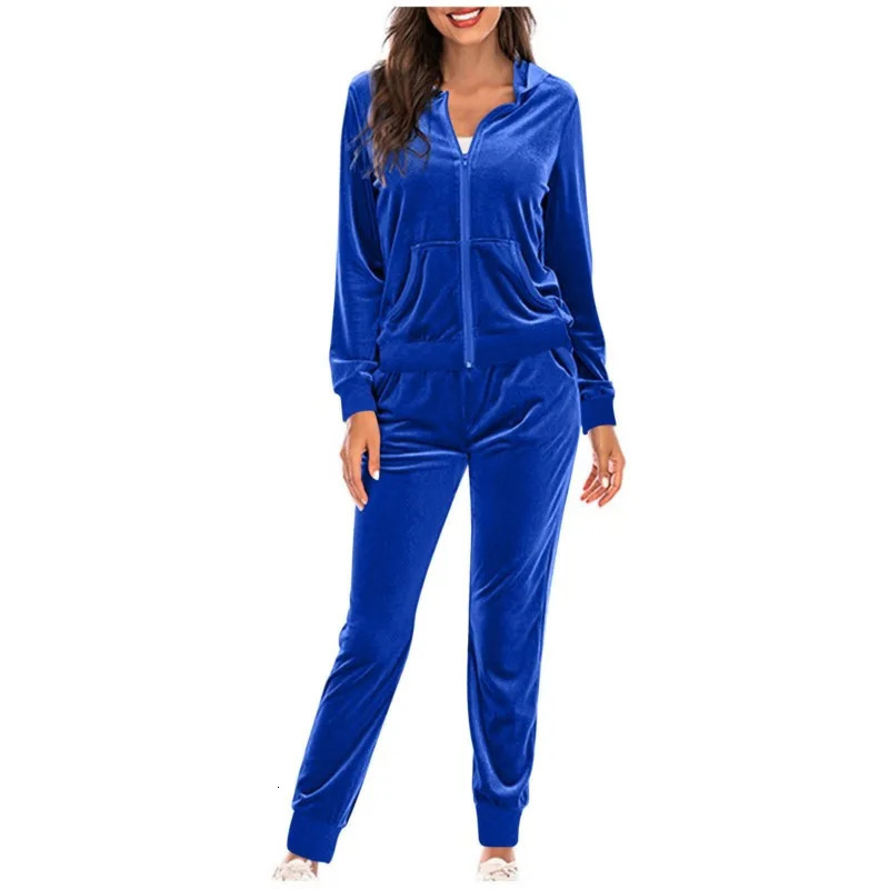Spring Velvet Tracksuit Womens 2 Piece Sweatshirt Sweatpants Set Full Zip Hoodie Sweatsuit With Pockets Casual Sportswear 251029