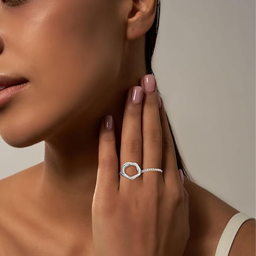 12Pcs Silver Stackable Rings Silver Plated Chunky Knuckle Finger Ring Geometric Bead Cloud Wave Flower Hollow Statement Bands Signet Open Rings Adjust