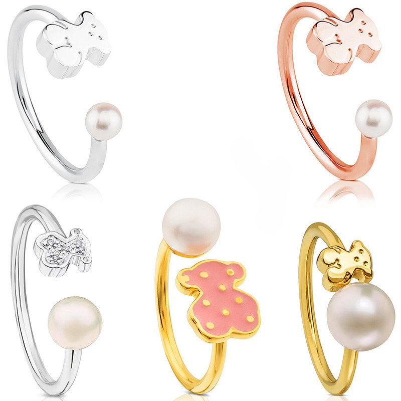 S925 sterling silver luxury Spain little bear ring for women girls sweet lovely bears animal designer rings 2025 new open size pearl rose gold band ring jewelry