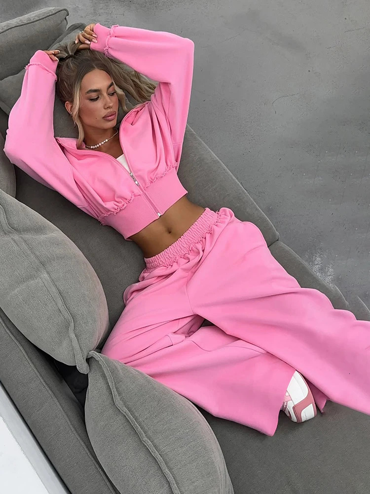 Weird Puss Casual 2Piece Set Women Tracksuit Sporty Zip Patchwork Hooded Crop JacketStraight Pants Matching Streetwear Outfits 251029