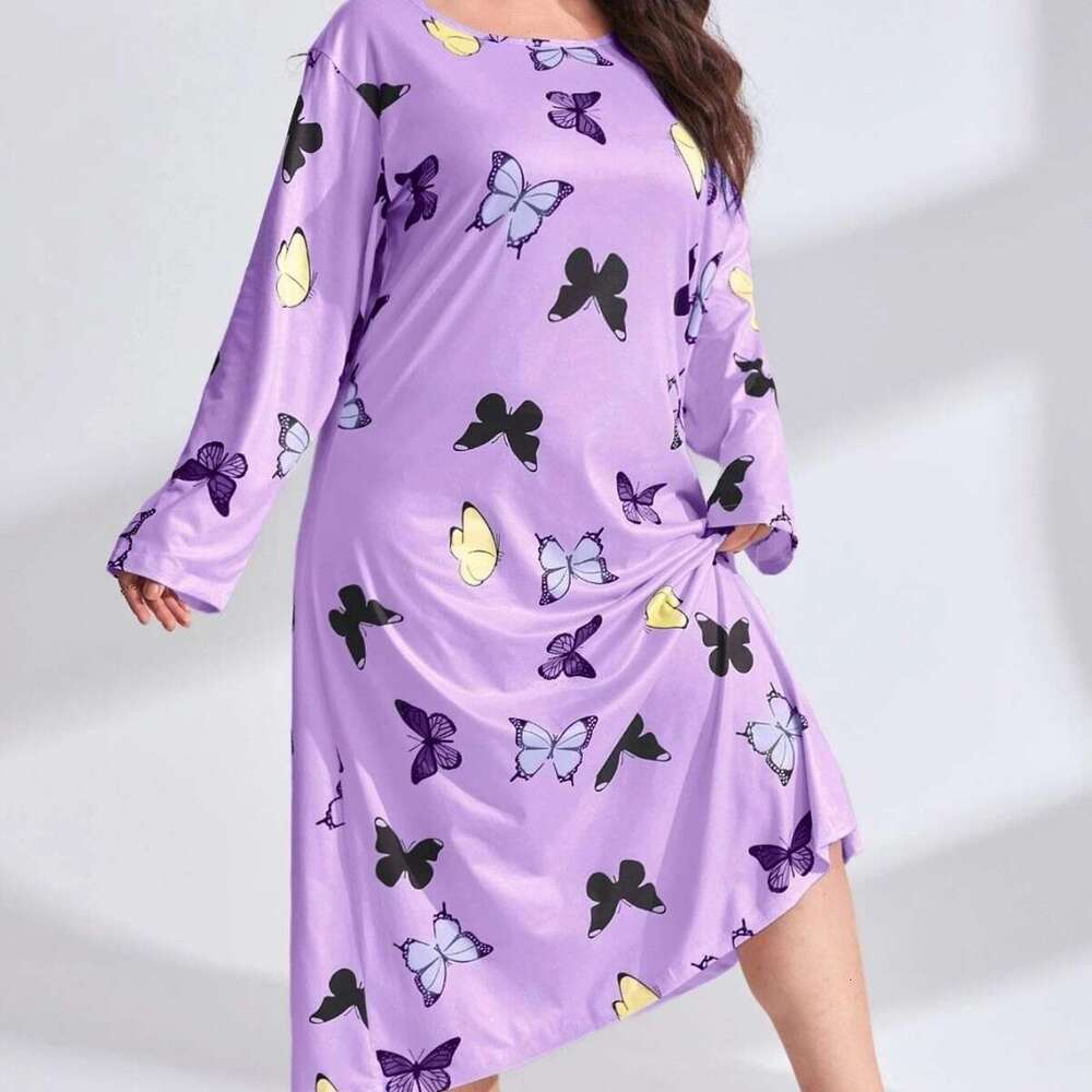 2025 Plus Size Women's Sleeve Butterfly Heart Leopard Print Off-Shoulder Long Nightdress Dress