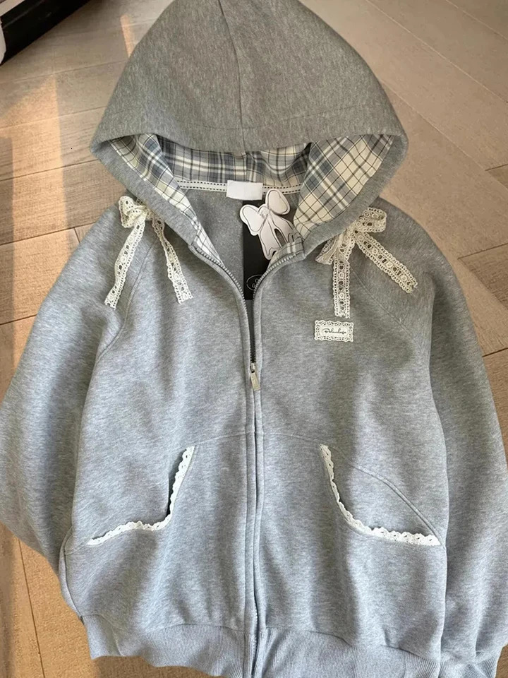 Zoki Lace Patchwork Hoodies Women Cute Bow Long Sleeve Sweatshirt Japan Preppy Style Sweet Loose Long Sleeve Female Gray Outwear 251030