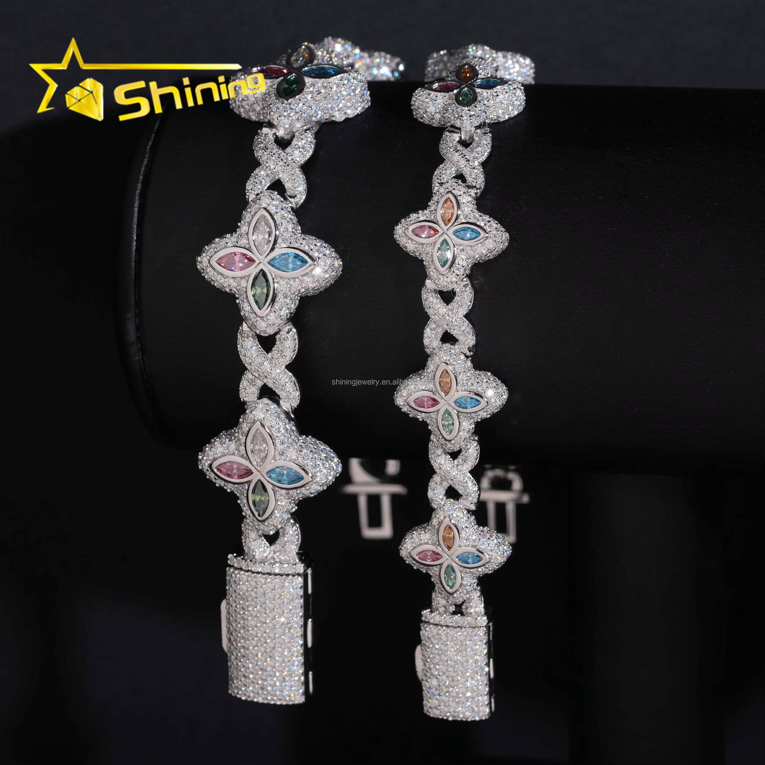 Unique Design Luxury Jewelry Hot Selling Hip Hop Mulit Color Marquise Moissanite Iced Out S925 Silver Cuban Clover Bracelet Men