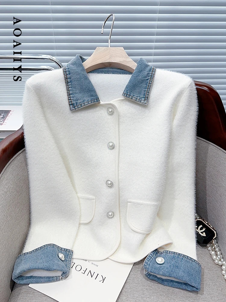 Aoaiiys Contrast Color Cardigan Women Turndown Collar Long Sleeve Coat Denim Spliced Knitted Cardigan Coats Autumn Winter 251029