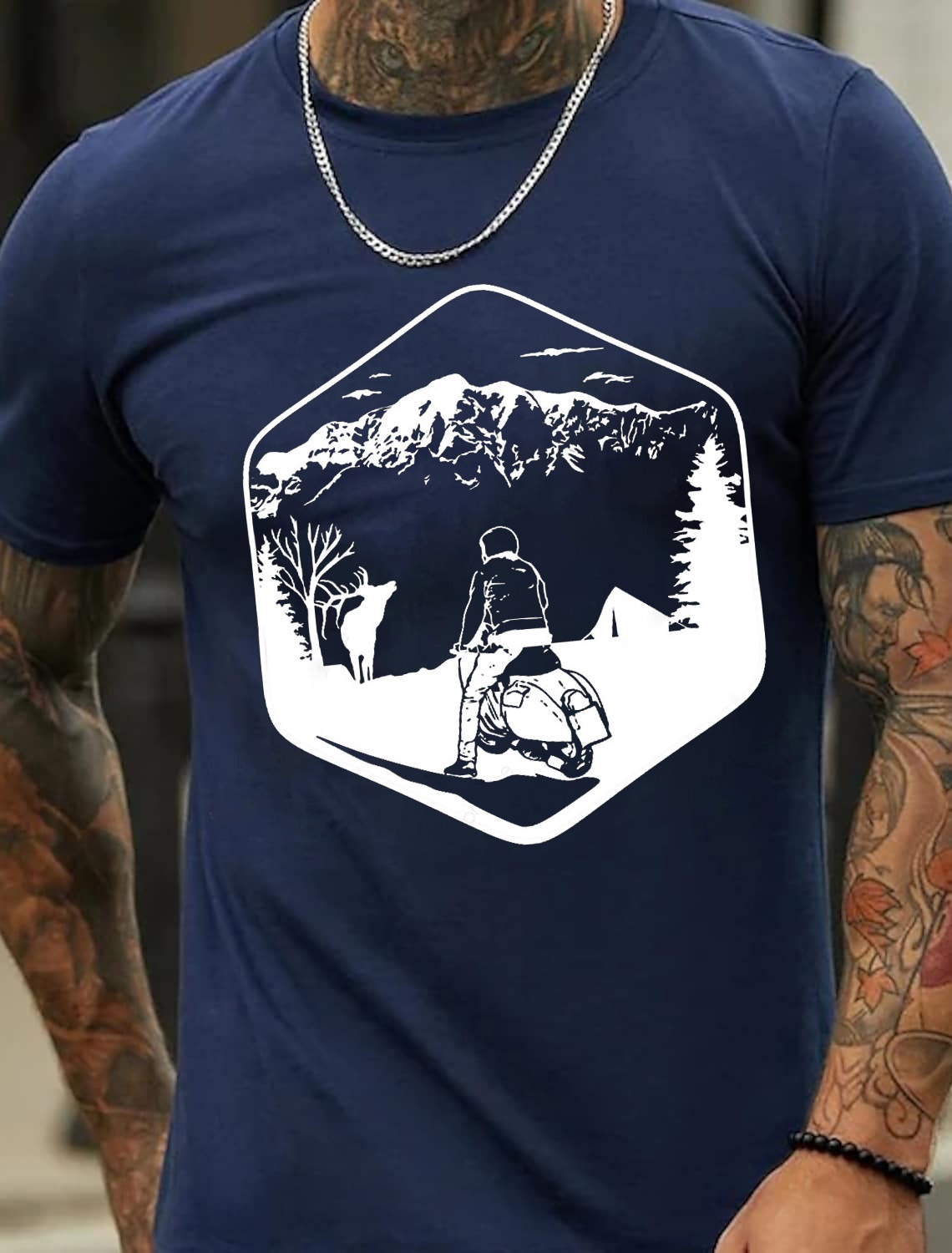 European and American Oversized Mountain and Motorcycle Print Men's Cotton Summer T-Shirt - TT7252
