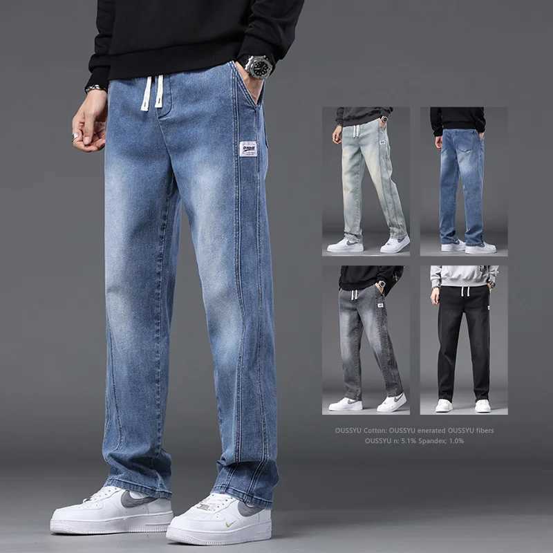 Autumn Winter Blue Jeans Men Drawstring Elastic Waist Cotton Cargo Denim Pants Work Fashion Thick Trousers Male Plus Size M4XL J251030