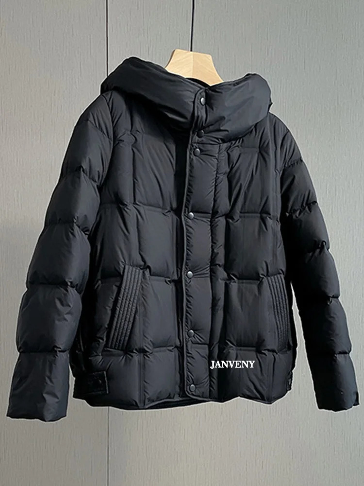 Janveny Fashion Winter Lightweight Hooded Puffer Jacket Women Long Sleeve 90 White Duck Down Cropped Casual Coat Warm Parka 251023