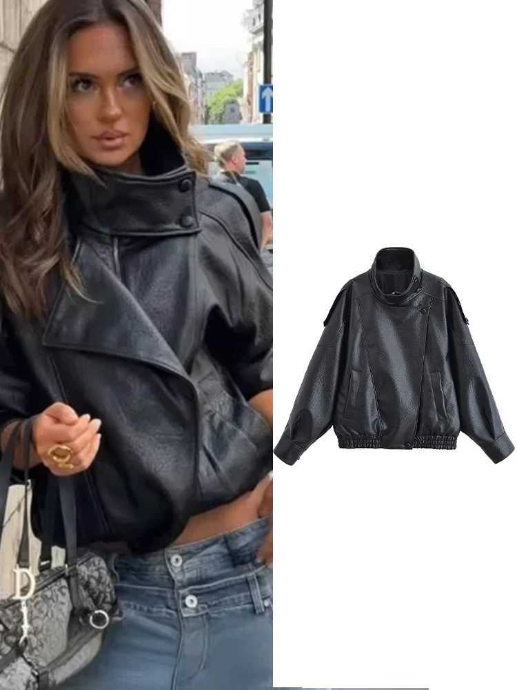 Vintage Womens Black Leather Jacket Long Sleeve Stand Collar Motorcycle Thick Coat Female 2025 Autumn Winter Lady Streetwear Y251105