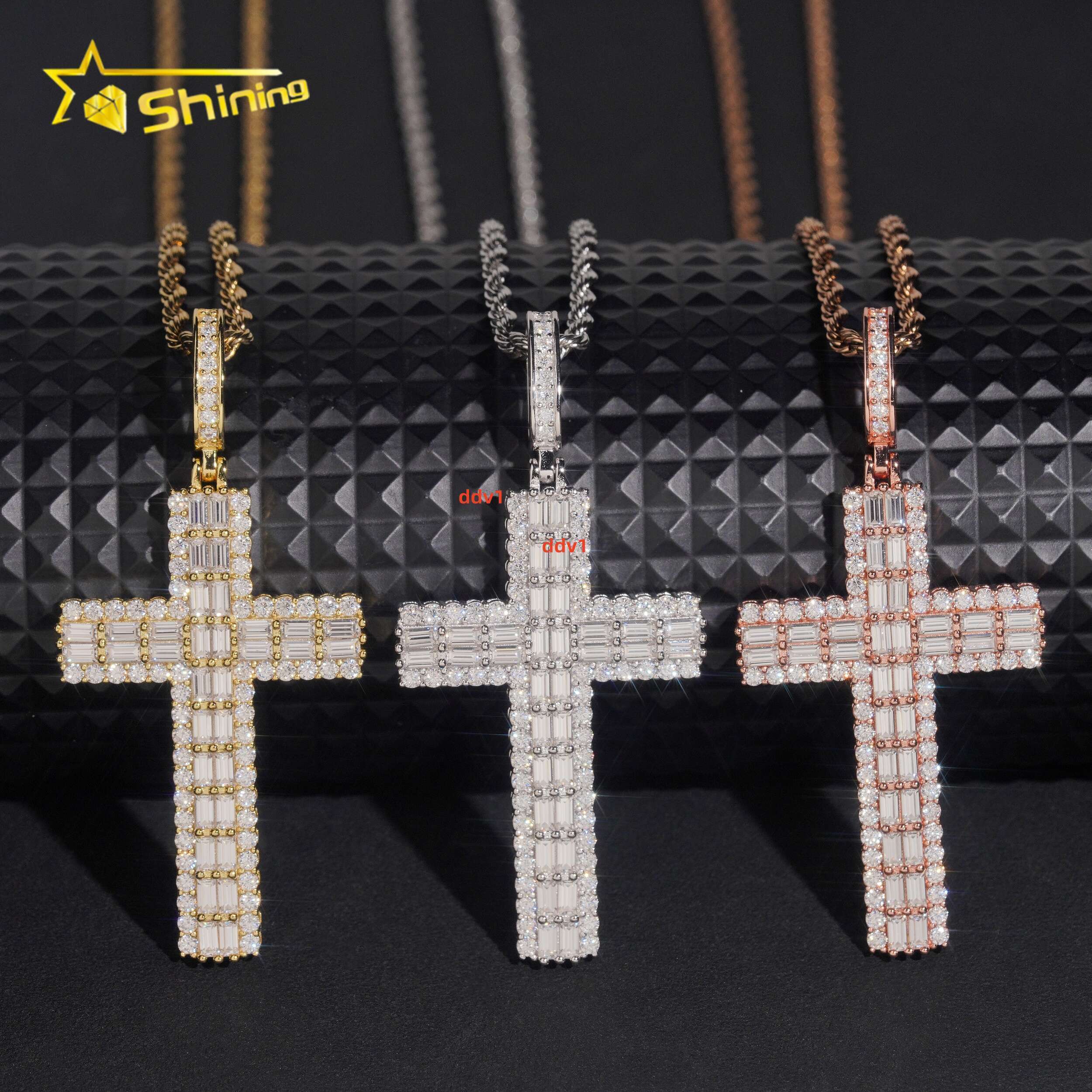 Hip Hop Necklace Iced Out Moissanite Cross Charm 925 Sterling Silver Gold Plated Baguette Moissanite Pendant Designer's style
