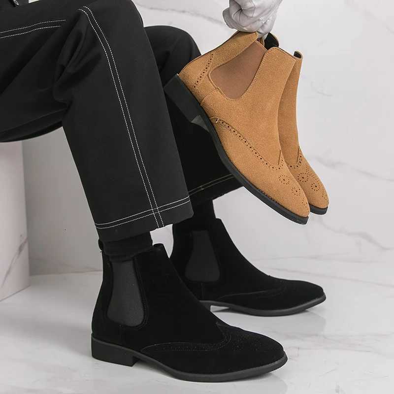 Hot Yellow HighTop Leather Shoes Men Comfort Suede Chelsea Boots Man PointedToe Mens Ankle Boots Big Size 3946 botas hombre Z251029