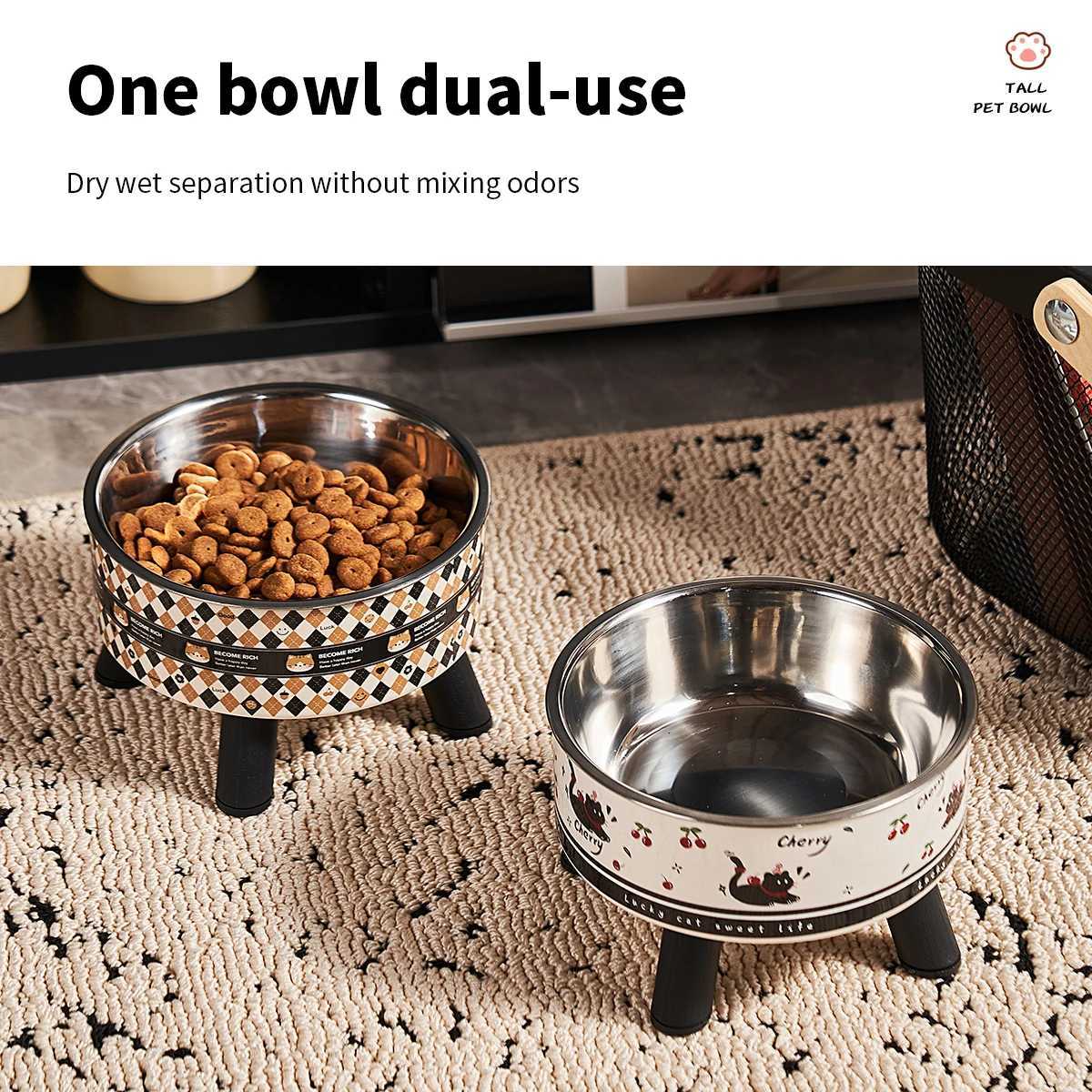 A fashion printed stainless steel pet bowl for feeding and water highlegged cat bowl with neck protection cartoon feeding dog J251113