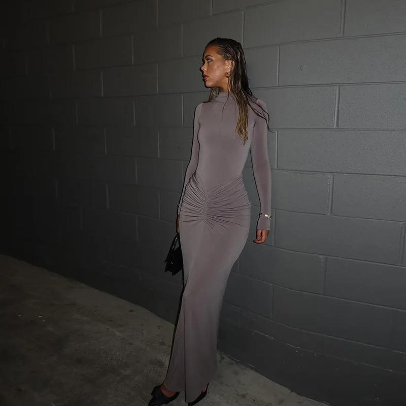 Hipster Ruched Dress Women oNeckFull Sleeve Skinny Stretch Robe Autumn Trend Simple Classic Pleats Long Bodycon 251027