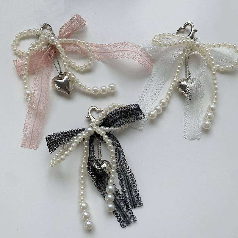 2025 New Sweet Pearl Bow Heart Lace Car Keychain Korean Y2k Beauty Girl Bag Pendant Accessory Gift Best Seller