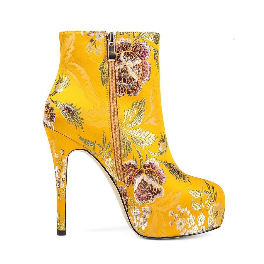 Women's Floral Embroidered Ankle Boots, Round Toe Stiletto Heels, Zipper Closure, Fabric Upper & Lining, Rubber Sole, Microfiber Insole, Fashiona
