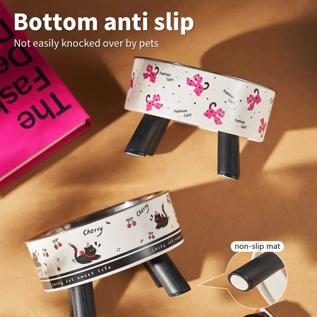 A fashion printed stainless steel pet bowl for feeding and water highlegged cat bowl with neck protection cartoon feeding dog J251113