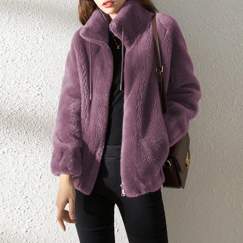 Female Winter Jacket Thickened Doublesided Velvet Standup Collar Warm Retro Style Elegant Short Womens Cardigan Clothes 251028
