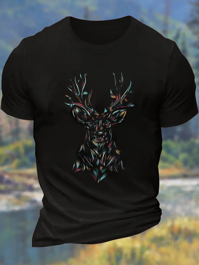 European and American Oversized Men's Deer Animal Print Crew Neck Casual Cotton T-Shirt - TT7466