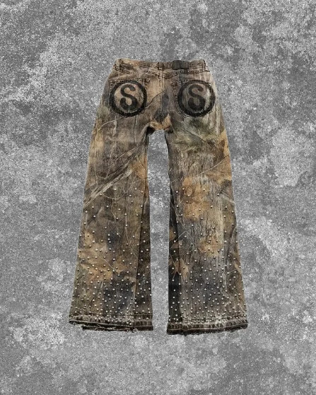 Streetwear Vintage Leaf Camouflage Jeans Y2K Men Women Hip Hop Letters Rhinestone Sequin Baggy Jeans Low Waist Wide Leg Trousers 251029