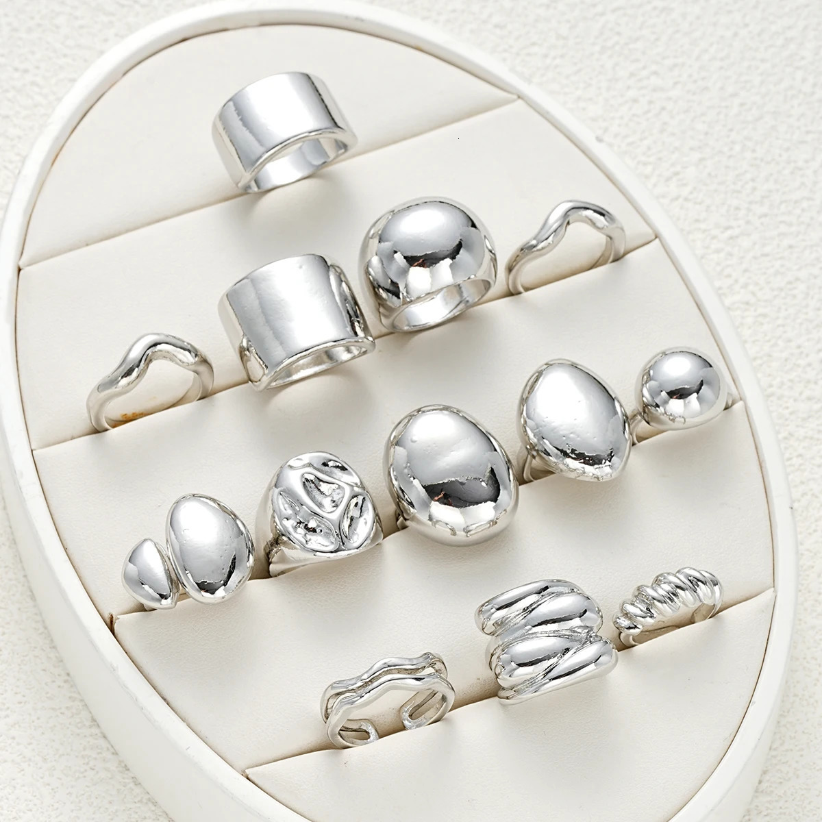 13 Pcs Punk Smooth Open Ring Set Fashion Silver Color Smooth Geometric Adjustable Metal Rings Womens Aesthetics Party Jewelry 251023