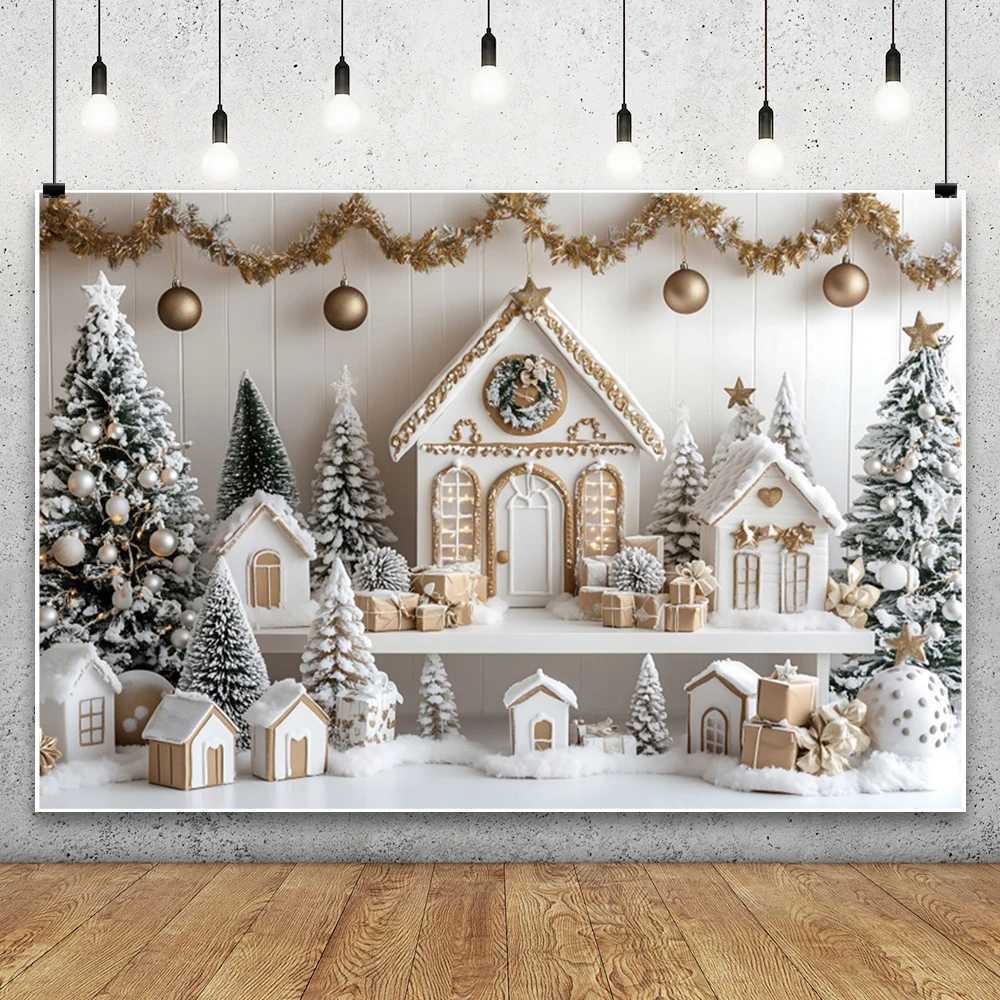2025 Merry Christmas Photography Backdrop White Gingerbread House Xmas Trees Kids Family New Party Decor Photo Background Props C251030