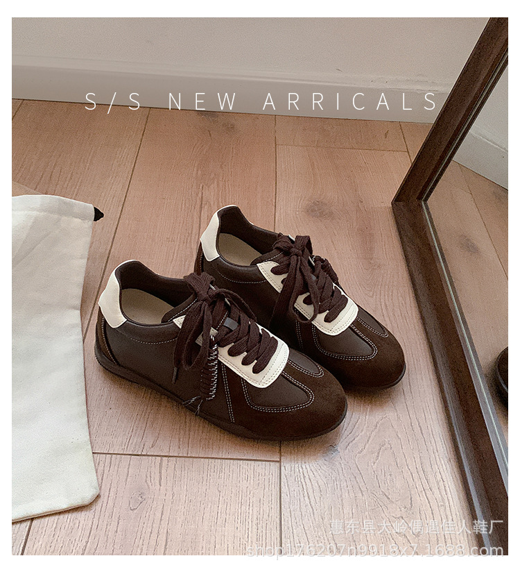 Cowhide lace-up color-blocking round toe versatile casual sneakers women's leather board shoes to increase height training shoes2025