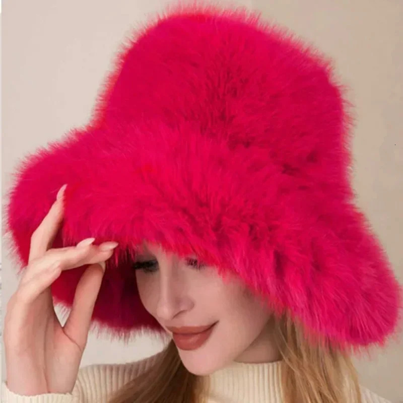 Big Oversized Fluffy Faux Fur Bucket Hats for Women Plush Fisherman Hat Winter Warm Thicken Coldproof Panama Cap Y2k 251028