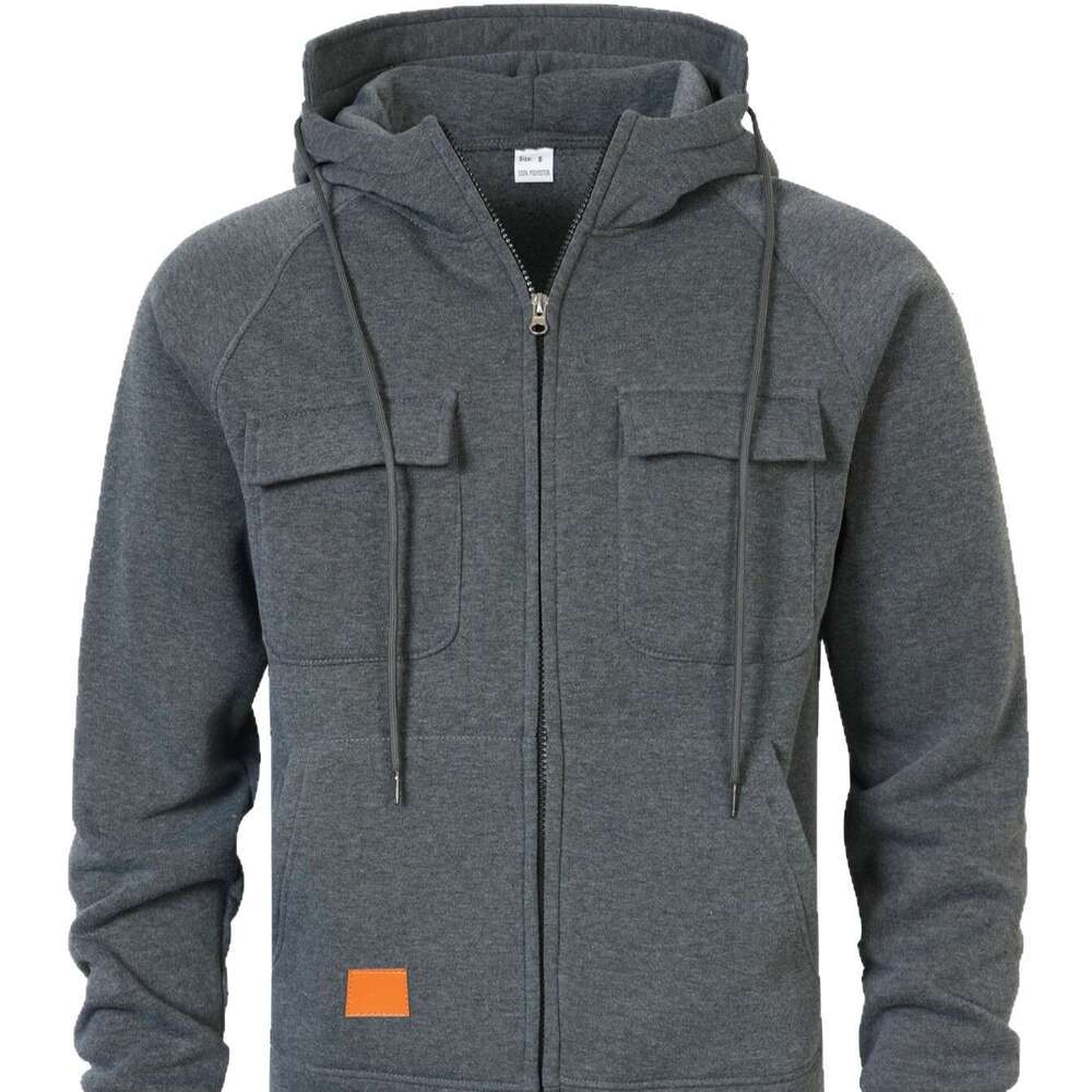 European Size Spring Autumn Winter American Style Hooded Loose Stand Collar Casual Sweatshirt Men's Multi-Pocket Cardigan Zipper Jacket