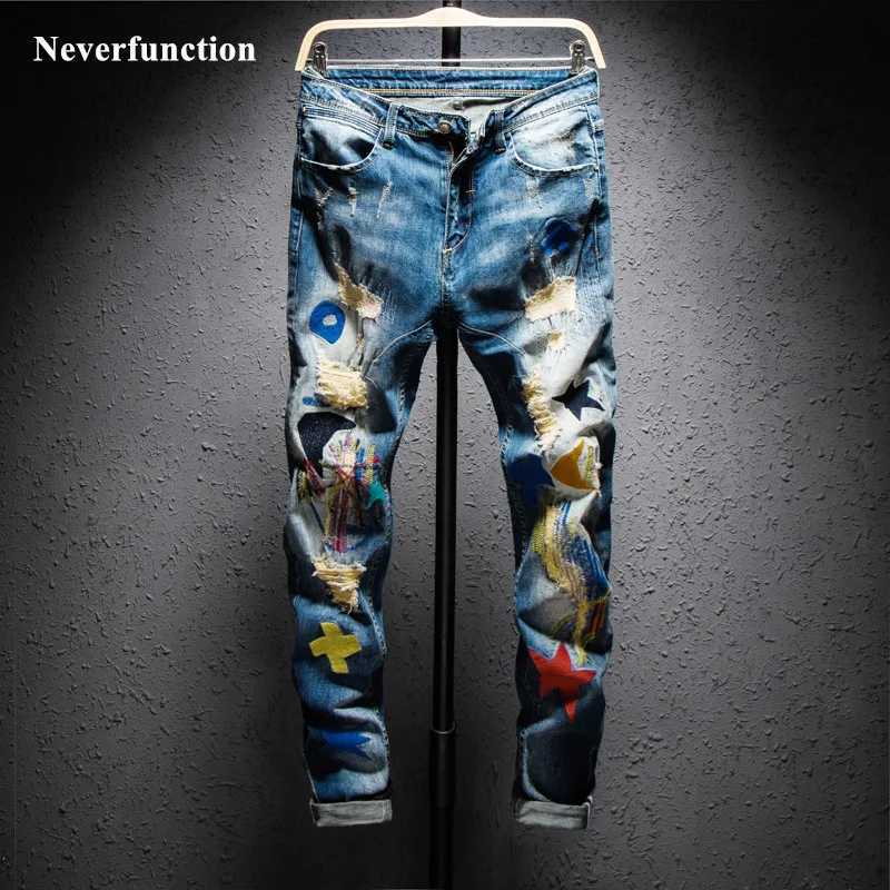 Men Streetwear Hiphop Ripped embroidery Slim fit jeans Knee Holes Destroyed Man Casual Cotton joggers beggar denim pants J2510301