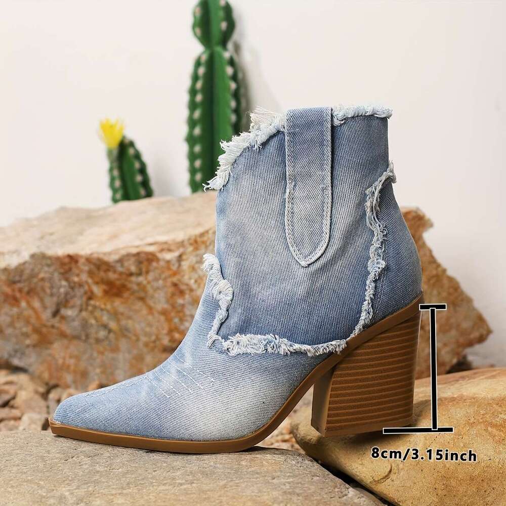 2025 New Fashion Block Heel Pointed Toe Ankle Boots, Vintage Western, Ultrahigh Heel, Solid Color, Fabric Upper, Synthetic Insole, Rubber Sole, Zipper