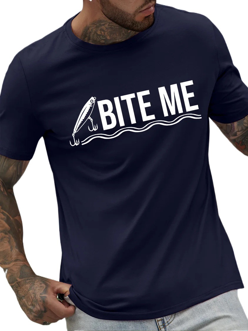 European & American Oversized Men's Funny Fishing Enthusiast Graphic Letter Print Cotton Casual Relaxed Fit T-Shirt - TT7302