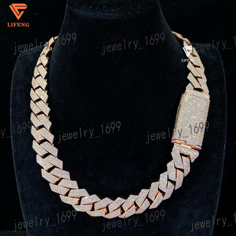 Miami Cuban 20mm 4 Rows Rose Gold Plated Vvs Diamond 925 Silver Iced Moissanite Cuban Link Chain for Men