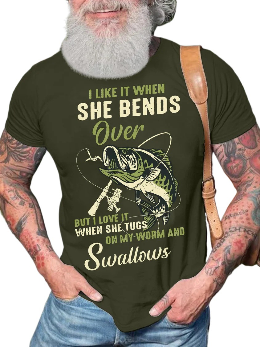 European & American Oversized Fishing T-Shirt with Fun Graphic Prints, Cotton Fabric, Text & Letters, Casual Style - TT7307