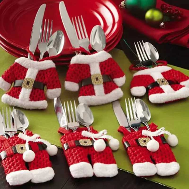6pcs Christmas Table Decor Silverware Cutlery Tableware Holder Pocket Santa Suit Gift 2024 New Year Bag C251030